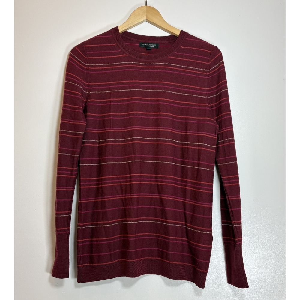 Banana Republic Womens Medium‎ Burgundy Striped Merino Wool Crewneck Sweater
